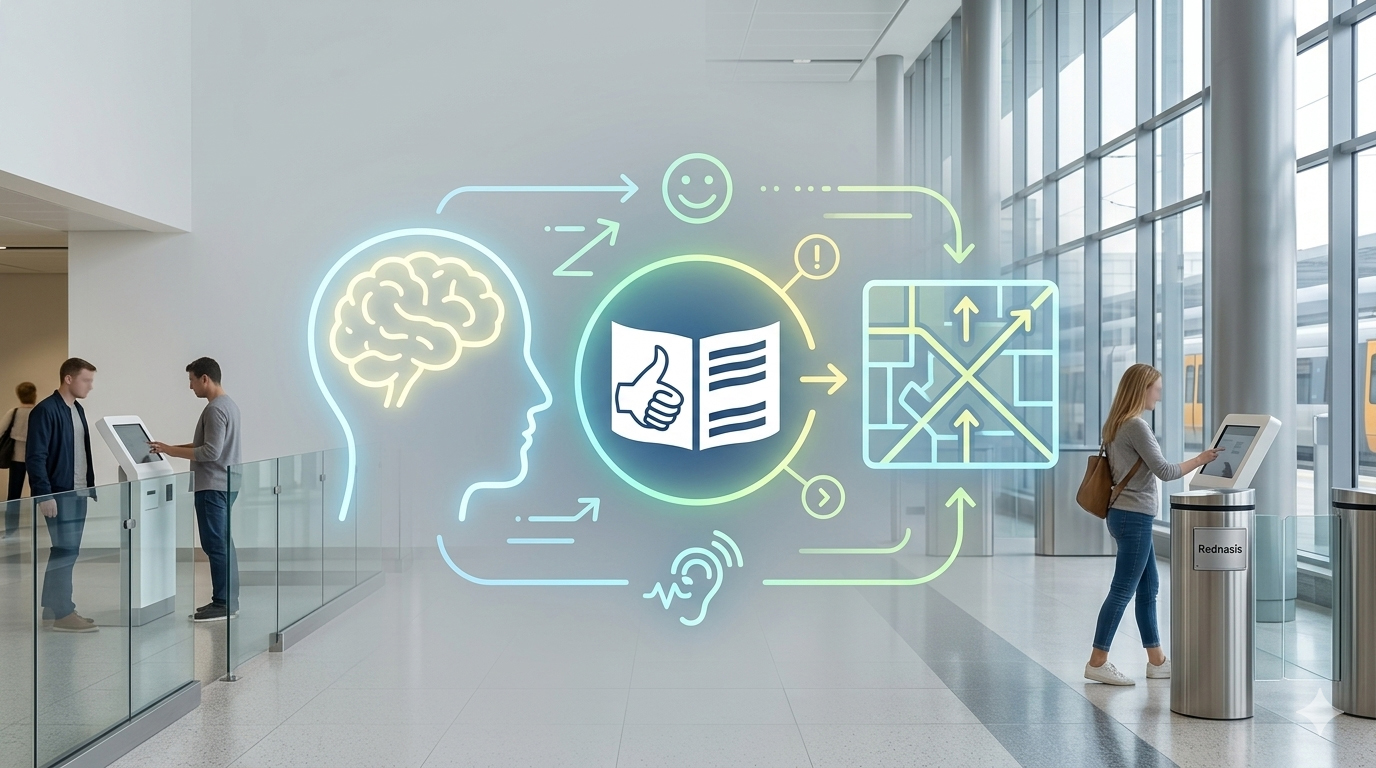 Modern bir istasyon terminalinde, nöroçeşitli bireyler için bilişsel erişilebilirliği simgeleyen beyin figürü, "Basit Dil" (Easy Read) kitap ikonu ve sadeleştirilmiş navigasyon şemasını içeren teknik illüstrasyon ve gerçek alan uygulaması.