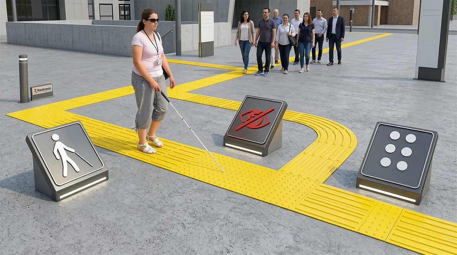 Modern bir dış mekan uygulamasında sarı hissedilebilir yürüme yüzeylerini bastonla kullanan sandaletli bir birey ve bu sistemin teknik anlamlarını açıklayan üç minimalist ikon (beyaz bastonlu kişi, çizgili göz, Braille hücresi) içeren entegre infografik paneli.