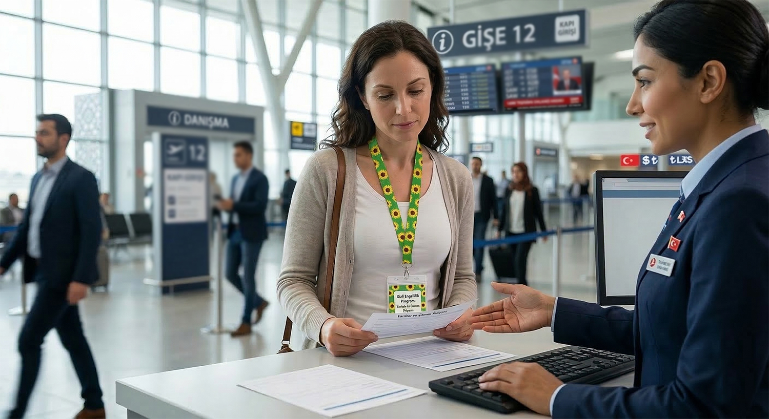 Türkiye'de bir havalimanı danışma masasında, otizm veya anksiyete gibi dışarıdan fark edilmeyen engelleri temsil eden sarı ayçiçeği yaka kartı (Sunflower Lanyard) takan bir yolcu ve ona destek olan personel.