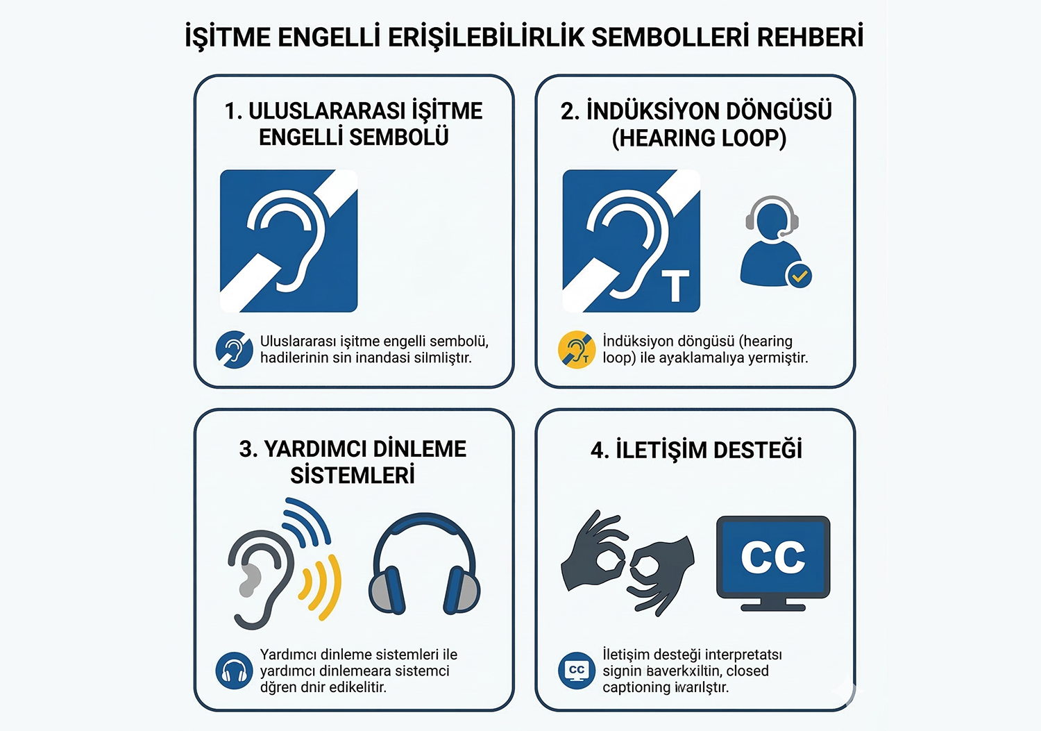 İşitme engelli erişilebilirlik sembollerini içeren dört bölümlü teknik rehber; uluslararası işitme engelli sembolü, indüksiyon döngüsü (T-işareti), yardımcı dinleme sistemleri ve işaret dili/altyazı (CC) ikonlarının yer aldığı infografik.